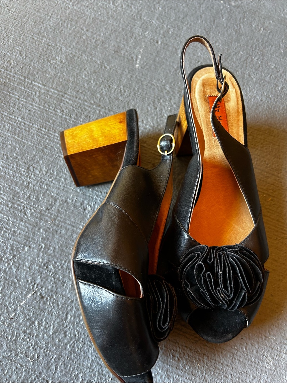 Miz Mooz Black Leather Slingback Block Heel Sandals with Floral Accent